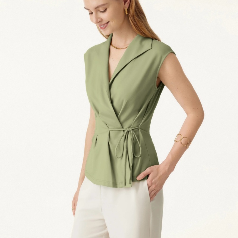 OGL Icy Ponte Flap Collar Surplice Sleeveless Top with Drawstring Tie